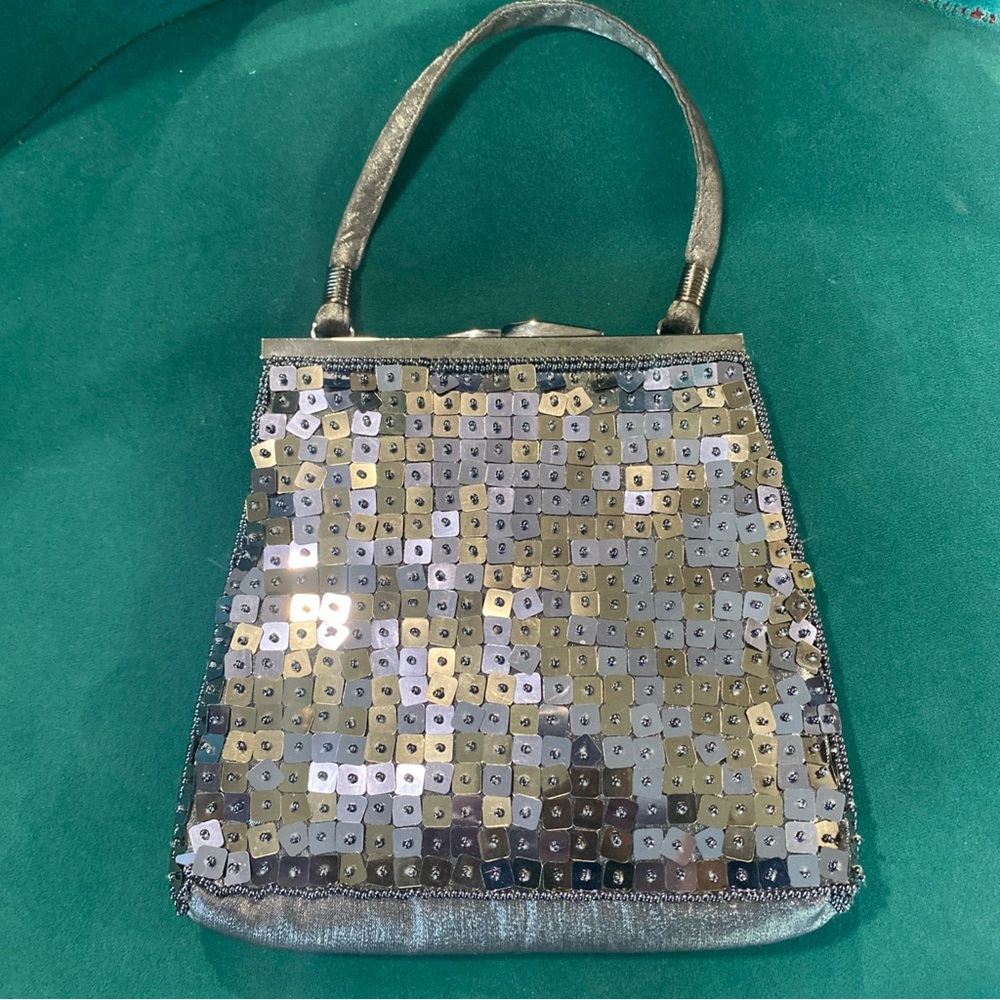 Sequined Metallic Evening Clutch in Silver and Gold 7x7x4